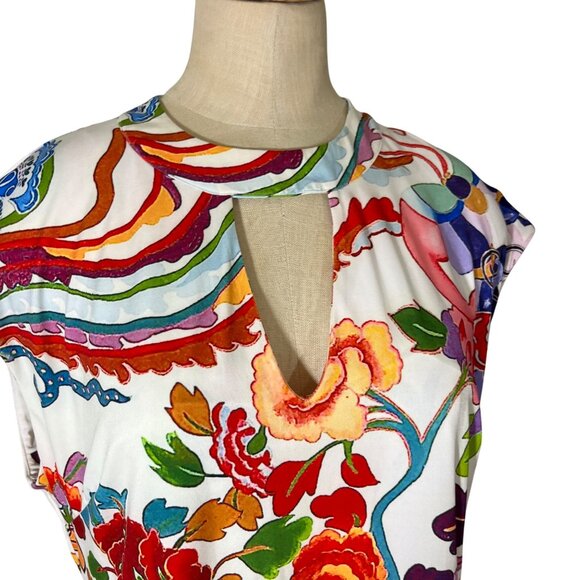 Hale Bob dress women's M white multicolor koi print cap sleeve keyhole open - Picture 3 of 7